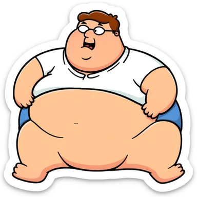 Peter Griffin from Family Guy with a huge pregnant belly, laying down on his back, sweating, exhausted expression, wearing his signature outfit sticker