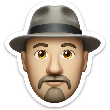 Photorealistic serious A plump bald man of Slavic appearance with a goatee and mustache, wearing a fedora hat sticker