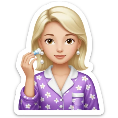 Clean girl aesthetic emoticons, apply skincare products, pearl earrings, glowing skin, pajamas, soft lighting sticker