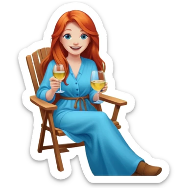 Laughing redhead with long hair and blue eyes holding white wine sitting in chair beside fire pit in backyard sticker