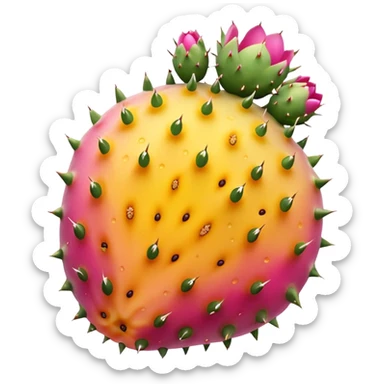 one whole prickly pear fruit with slightly oval shape, smooth skin dotted with tiny subtle spines, skin color vibrant pink to yellow-orange, halved version reveals vivid magenta or golden pulp speckled with small seeds, no cactus pads, knife, or extras, soft lighting, subtle shadows, emoji scale sticker