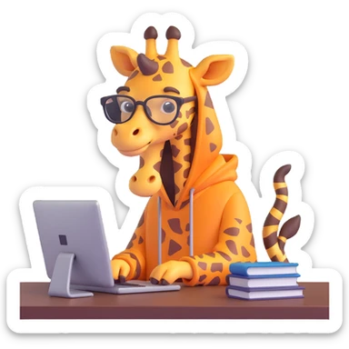 3D emoji style of a giraffe with a beard, glasses, and a hood, sitting at a computer, smooth and friendly sticker