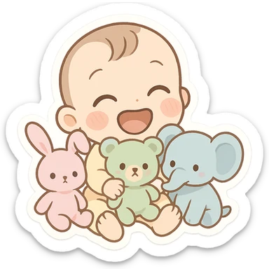 emoji of a joyful baby sitting and playing with pastel-colored stuffed animals including bunny bear and elephant, soft and playful vibe sticker