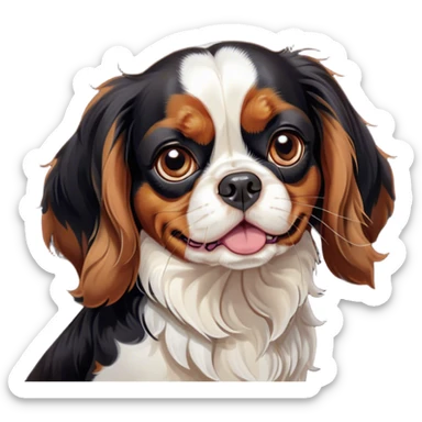 Cinematic Comical Tri-Colour Cavalier King Charles Spaniel Portrait Emoji, Head tilted dramatically with an exaggeratedly shocked or offended expression, short, silky tri-colour fur with bold black, white, and tan patches, wide, expressive brown eyes filled with exaggerated disbelief, Simplified yet hilariously expressive features, highly detailed, glowing with a slightly sassy glow, high shine, dramatic yet playful, stylized with an air of attitude, bright and endearing, soft glowing outline, capturing the essence of a sassy and over-the-top pup, so meme-worthy it feels like it could side-eye its way into internet fame instantly! sticker