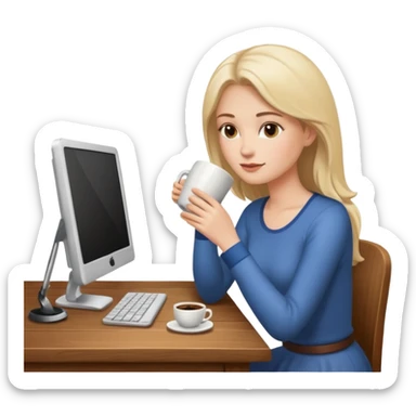 mujer blanca tomando un solo cafe y con un computador sentada en una mesa  sticker