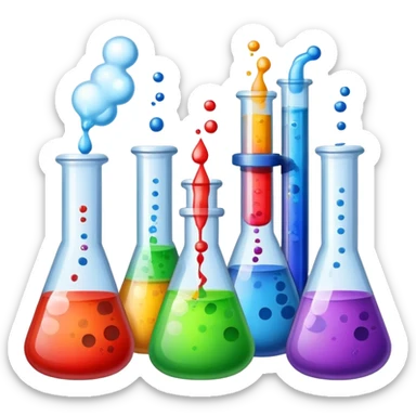 An icon featuring chemical flasks, liquids, powders, and chemical formulas, symbolizing the science of chemistry. The design includes bubbling reactions, molecular structures, and test tubes, representing experimentation and chemical analysis. Transparent background. sticker
