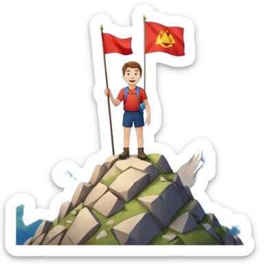 happy man on a mountain summit, mountain clearly under his feet, holding a flag sticker