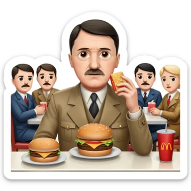 adolf hitler holding a big mac while sitting in a diner while being surrounded by his enemies  sticker