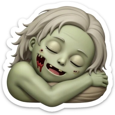 Meme-Worthy Cute Sleeping Zombie Portrait Emoji, with a delightfully quirky, slightly disheveled decaying face in soft ashen hues, head tilted back in peaceful, relaxed sleep with softly closed eyes and a tiny, endearing smile, simplified yet irresistibly charming, highly detailed with a soft eerie glowing outline that captures the gentle, unexpected cuteness of a zombie in serene repose! sticker