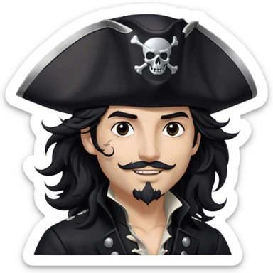 A charismatic pirate with wavy black hair tousled by the breeze. His silver-embroidered tricorn hat casts a shadow. Dark eyes glint with mischief as he looks to the side, a knowing smile on his lips. His black coat, adorned with silver buttons, shifts with the wind sticker