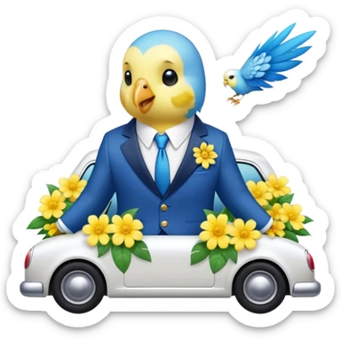 cute budgie in a suit with flowers on a car  sticker