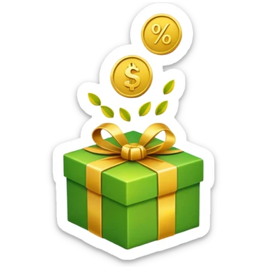 emoji representing bonuses with symbols like a gift box, coins, or a percentage sign. Use a modern, minimalist style with bright colors like gold, green, or yellow sticker