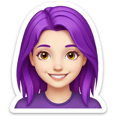 A girl with vibrant purple hair, smiling face sticker