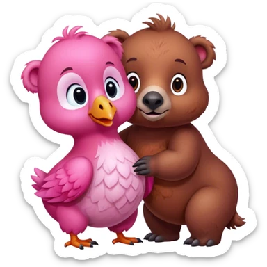 A cute brown bear and a realistic cute pink dodo closely together sticker