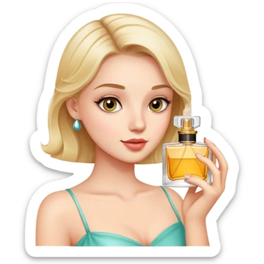 A pretty girl holding perfume and smelling it sticker