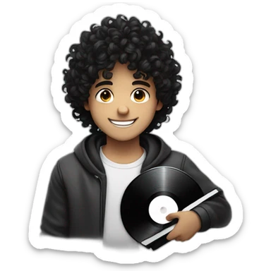 a curly dark hair boy holding a black music vinyl in his hand, smiling, cute sticker
