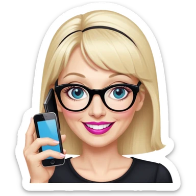Pin up Woman in her early 50s with pale skin, wider face, blue eyes with eyeliner, thin eyebrows, long eyelashes, pink lipstick, blonde hair up with bangs, wearing black glasses. Laughing on a mobile phone  sticker