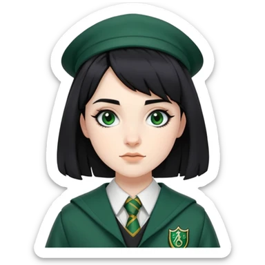 Pansy Parkinson in harry potter, wear hogwarts slytherin uniform, black hair sticker