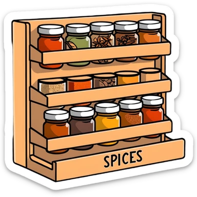 A wooden spice rack with various labeled jars of spices sticker