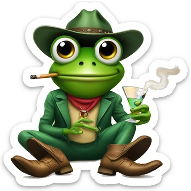 Frog smoking a cigarette while holding a martini glass in cowboy boots  sticker