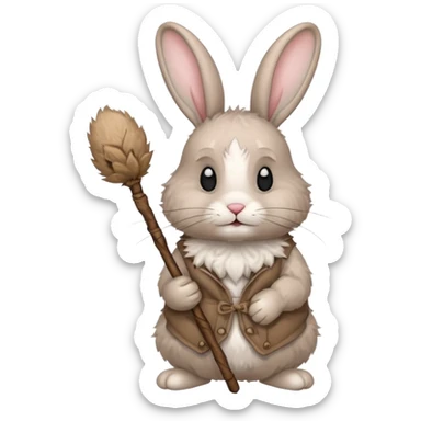 A fluffy rabbit with messy fur, carrying a patched little pouch tied to a stick, ears drooping but expression soft.
 sticker