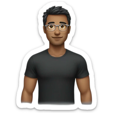 a guy with dark hair and bangs in silver glasses in a black t-shirt sticker