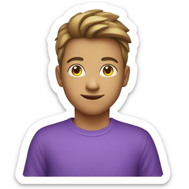 A teenager boy  fair in colour wearing purple t shirt saying good fortune  sticker