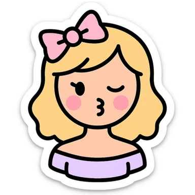 coquette, soft pastel colors, flirty expression, bow accessory, color icon style sticker