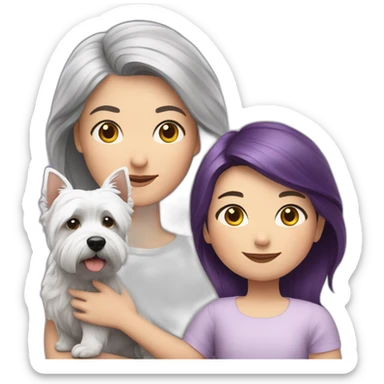 Family picture woman with purple/gray hair, aduld child with dark brown hair and West Highland White Terrier sticker