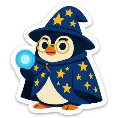 chubby penguin in wizard attire, with a starry cloak and a glowing orb, looking wise and mystical sticker