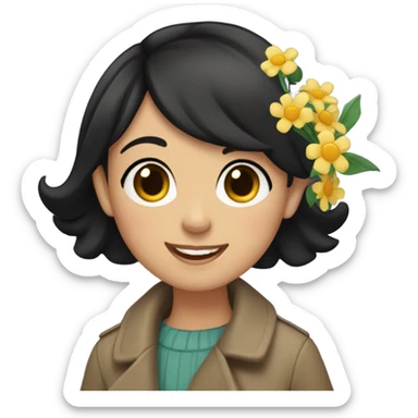 A girl with very short black hair, fair skin, and brown eyes wearing a coat and waving flowers sticker