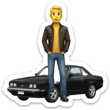 Man standing on car sticker