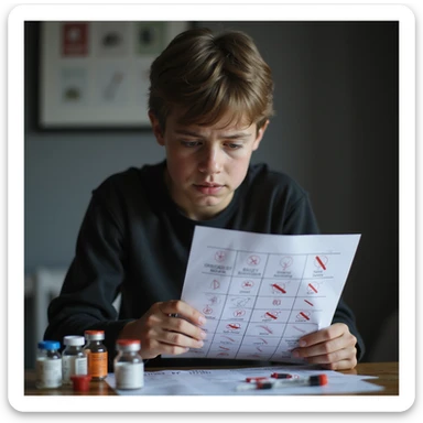 realistic young inexperienced athlete consulting dosage chart with errors, surrounded by danger symbols and anabolic vials, worried expression, risk atmosphere, isolated on white background, 4K quality sticker
