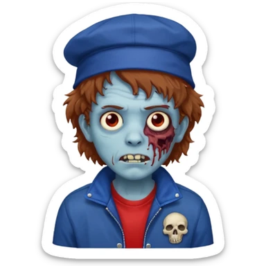 brown fluffy hair zombie with blue and white hat dark blue jilet red t shirt sticker