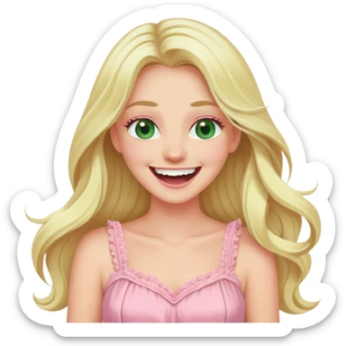 blonde with long hair and swamp eyes in a pink pastel dress, laughing sticker