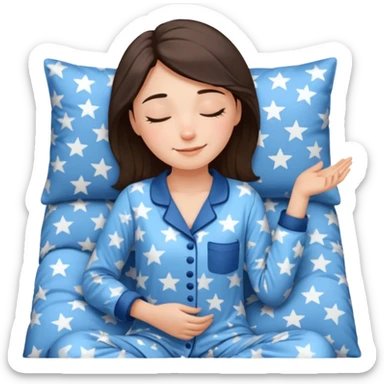 {
      "type": "human",
      "look": "woman in star-print pyjamas, soft blue set, sleepy smile",
      "description": "a woman in soft blue star-print pyjamas smiling sleepily"
    } sticker