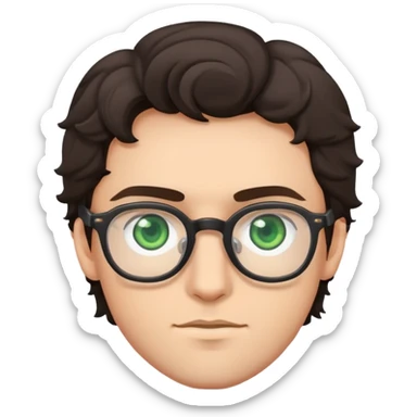young man with dark slightly curled hair wearing glasses with green eyes sticker
