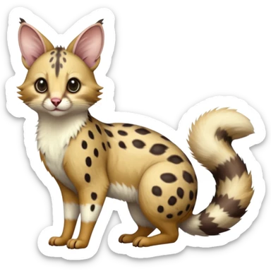 realistic fur with random dark markings beautiful elegant pretty precious cute  Fakémon-Pokémon-opossum-feline-serval-caracal-chinchilla-Furret-Minccino-hybrid-creature with a big fluffy bushy tail (full body) sticker
