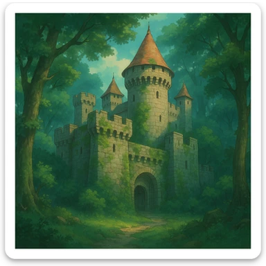 ancient stone castle surrounded by forest, magical mood, ghibli style sticker