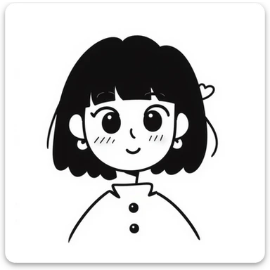 cute girl with blunt bangs, mid-short hair, big eyes, hand-drawn doodle style, heart-shaped accessories, sweet kawaii expression sticker