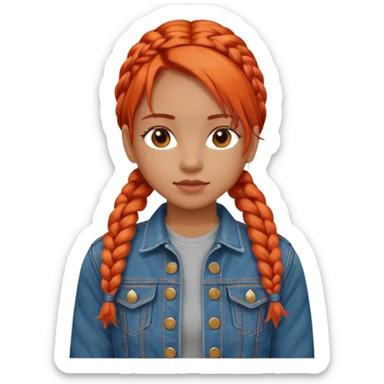 red orange braids hair girl, wear jean jacket sticker