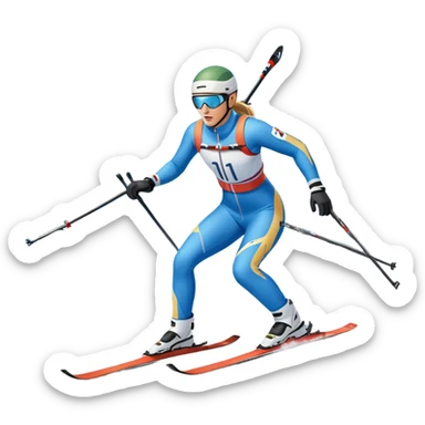 An icon featuring a biathlete in motion, holding a rifle and skiing across a snowy course. The backdrop includes snow-covered trees, distant mountains, and a clear blue sky. Transparent background highlights the precision, endurance, and excitement of biathlon. sticker
