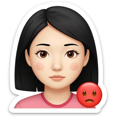 Asian girl with length black hair with facial redness acne and rosacea, a before and after with clear skin sticker