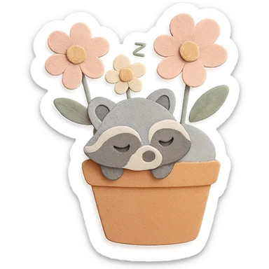 Polish the image for a cleaner, higher-quality look while keeping all design elements unchanged. Sleepy raccoon inside a flower pot with some flowers, pastel earthy and soft pastel colors, paper-craft style. sticker
