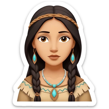 Cinematic Serene Pocahontas Portrait Emoji, rendered in a realistic, simplified vector style. Depict a gentle Pocahontas (chest and above) with warm, glowing skin, loosely flowing dark hair, and a calm, reflective expression, wearing modest traditional attire in earthy hues. The image is bathed in a soft, inviting glow with high shine and a soft glowing outline. sticker