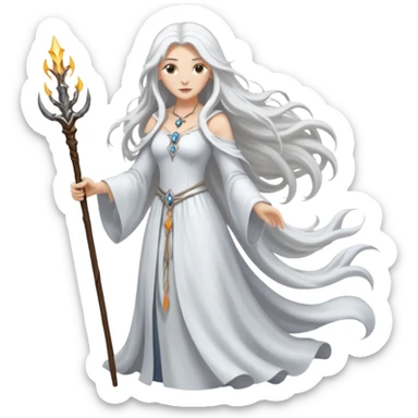 White silver Long Haired Women, Sorceress with staff — flowing white hair, calm face. sticker