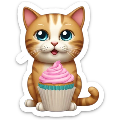 cat with bow and pleading eyes holding a cupcake sticker