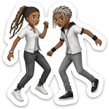 brownskin boy with dreads wearing white shirt with grey jeans and white shoes fighting darkskin girl with 8 long black french braids with brown highlights wearing black zip up and black jeans with black and white shoes. the boy is winning sticker