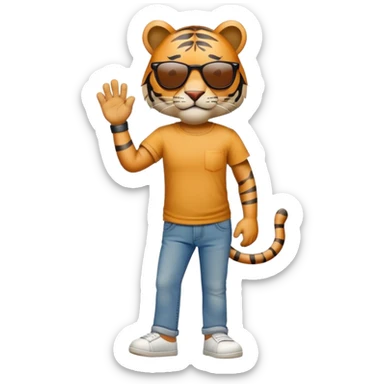 anthropomorphised tiger in a band t-shirt and jeans with sunglasses walking upright, relaxed pose sticker