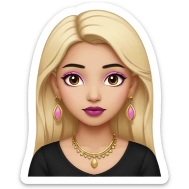 Sweet Indian girl blonde hair darkbrow eyes brown lipstick, pink blush, black top gold earrings, brown eyebrows gold eyeshadow  sticker